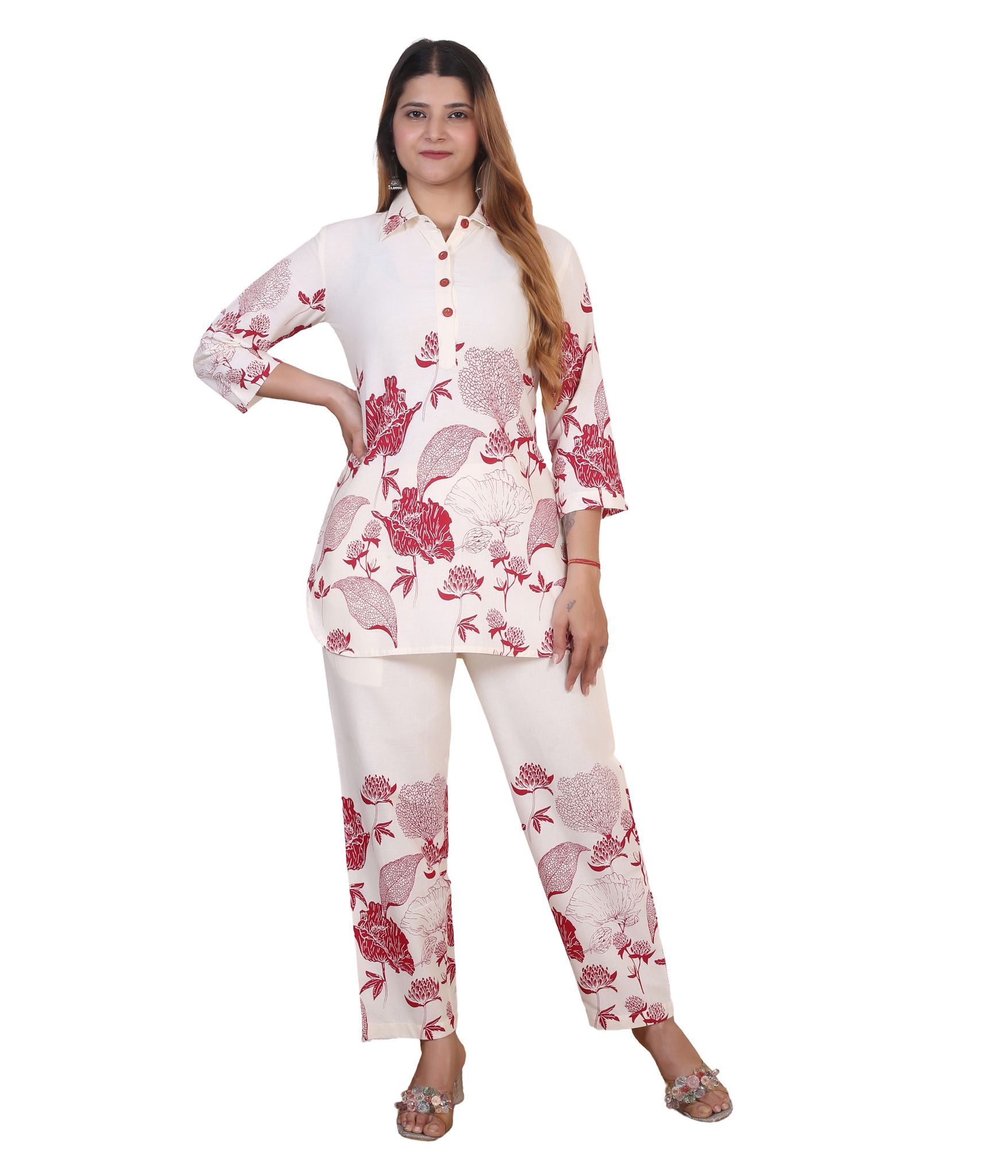 SnapUpp Pure Cotton Flex Coord Set for Girls & Women | Relaxed Fit FCB Top with Plazzo Pants | White-Red Floral Printed | Ethnic Casual Wear, Travel Friendly, Summer, Office Wear & Night Wear