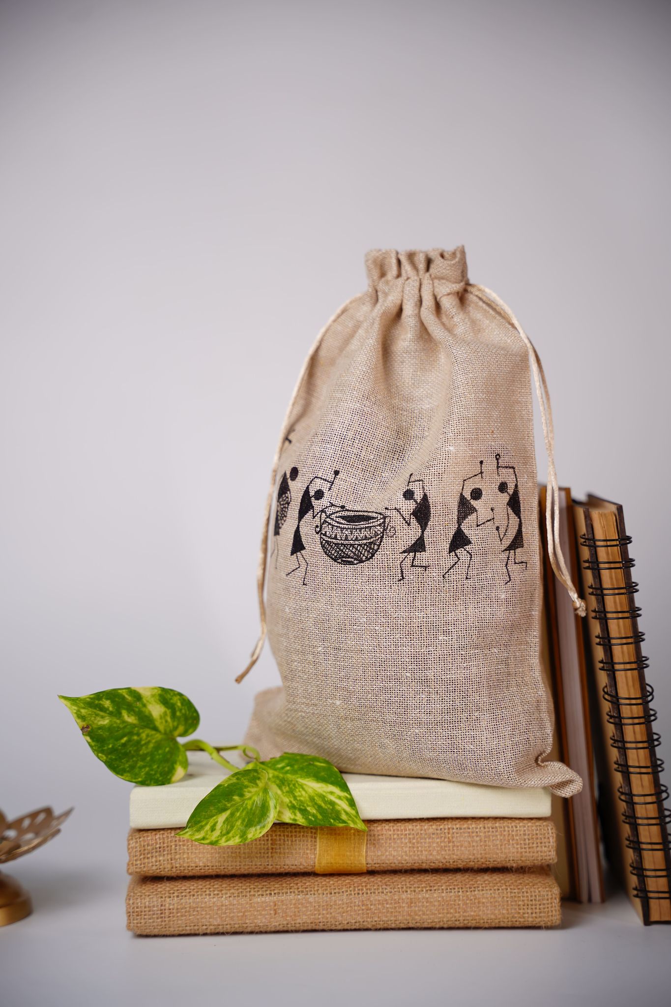 Jute Drawstring Bag Featuring a Warli Peacock Art Print