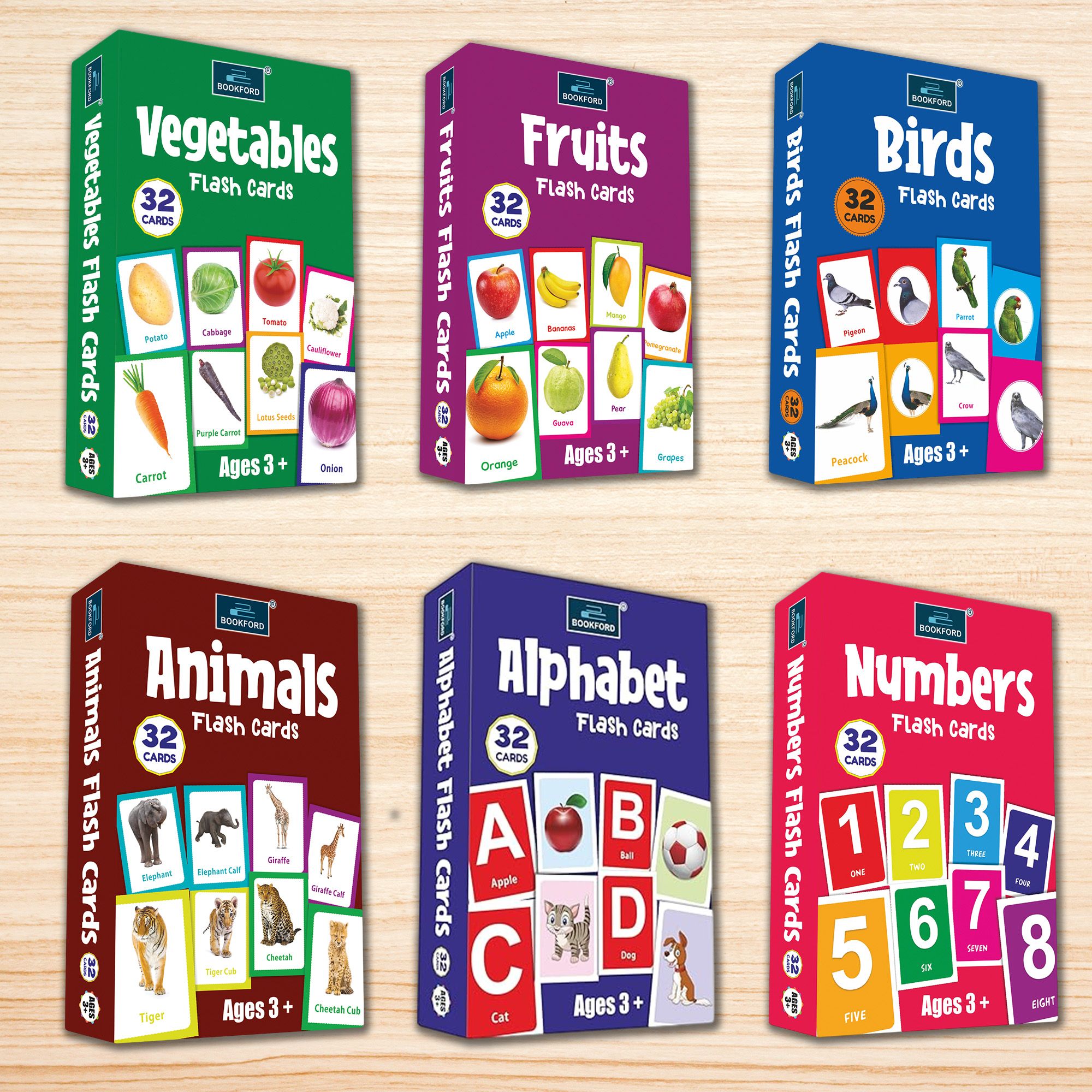 Flash Cards - Set of 6 Flash Cards for Kids - Alphabet, Numbers, Fruits, Vegetables, Animals, and Birds