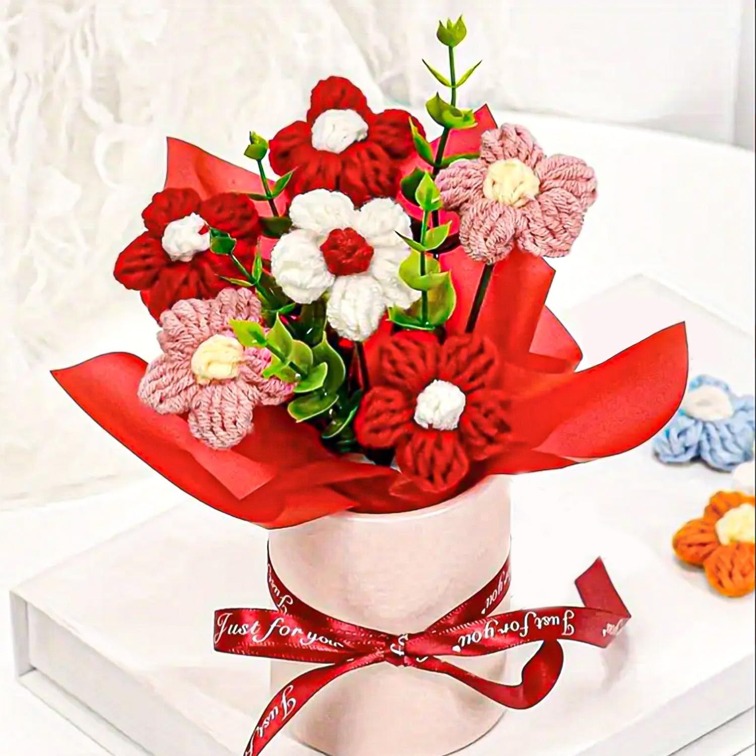 Handmade Crochet Flower Bouquet in Red Pot with "Just for you" Ribbon