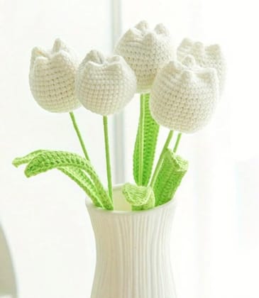 Handmade White Crochet Tulip Flowers for Home Decor