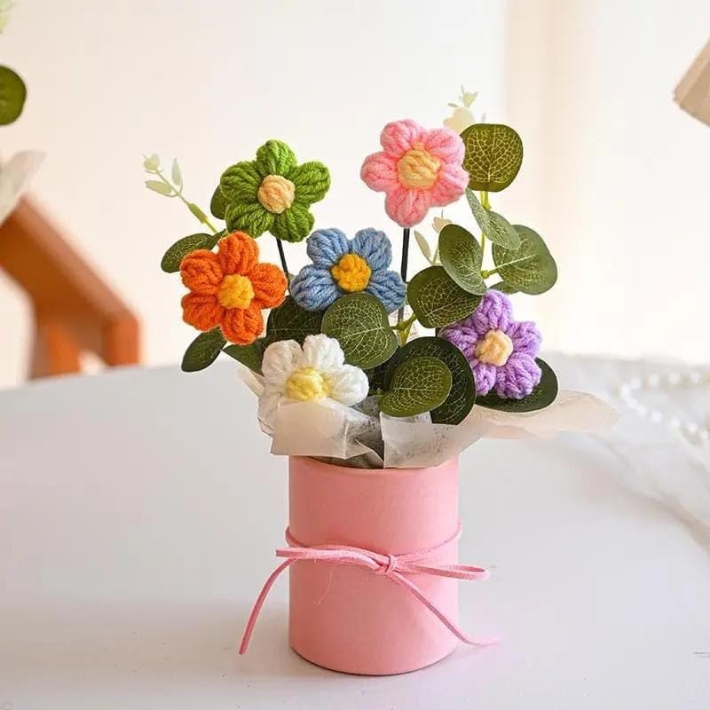 Handmade Crocheted Flower Bouquet in Pink Box - Randomly Assorted