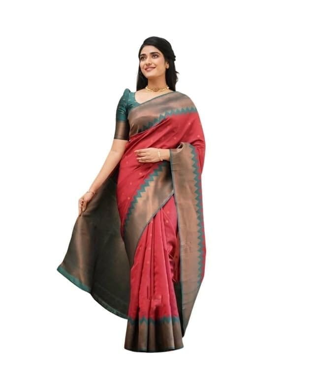 Women's Soft Lichi Silk Printed Saree With Unstitched Blouse 5.5Mtr (Red)-PID63596