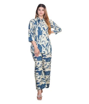 SnapUpp Pure Cotton Coord Set for Girls & Women | Relaxed Fit FCB Top with Plazzo Pants pocket | Cream Blue Floral Printed | Ethnic Casual Wear, Travel Friendly, Summer, Office Wear & Night Wear