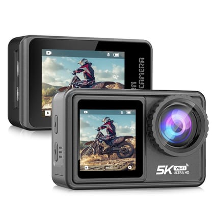 AUSHA 5K Ultra HD Action Camera, Dual Screen, 170° Wide Angle, Wi-Fi & EIS Anti-Shake, Vlogging Action Camera