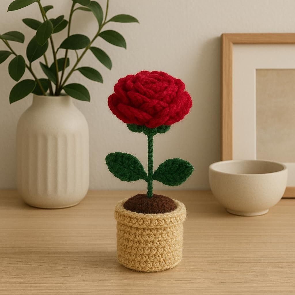 Crocheted Red Rose in Pot - Handmade Yarn Flower Decor