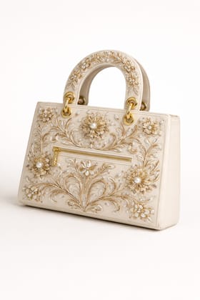 Cream & Gold Embroidered Floral Handbag with Pearl Embellishments Cream & Gold Embroidered Floral Handbag with Pearl Embellishments