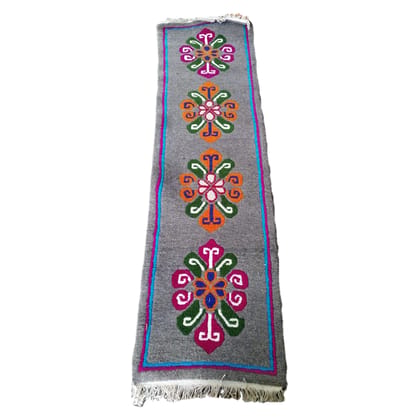 Grey Pahadi Handcrafted Sheep Wool Carpet Runner – Multicolor Floral Himalayan Design by Jai Maa Nanda