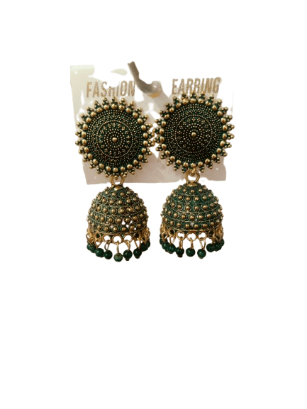 Oxidised Gold-Plated Green Jhumki Earrings