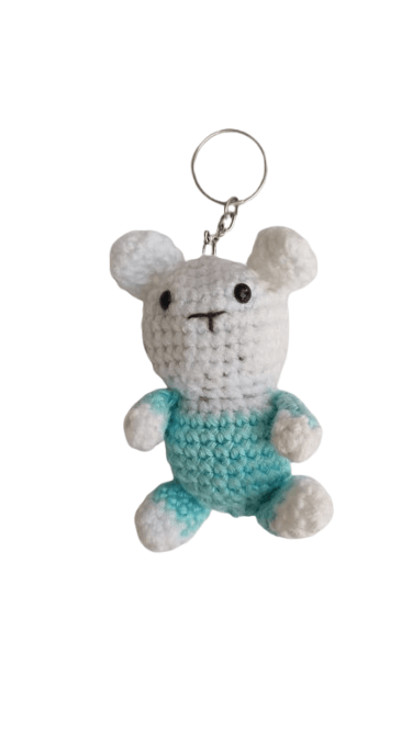 Handmade Crocheted White and Blue Bear Keychain