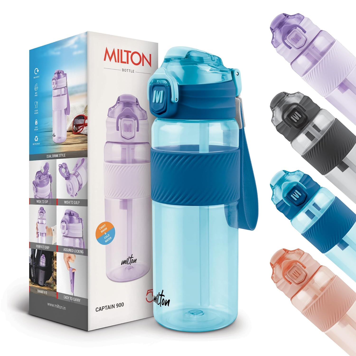 MILTON Captain Unbreakable Plastic Water Bottle 850 ml–Sip Plus Gulp,BPA-Free & Leak-Proof with Hand Strap,Ideal for Gym Workouts, Outdoor Adventures, School & Office – Durable & Convenient