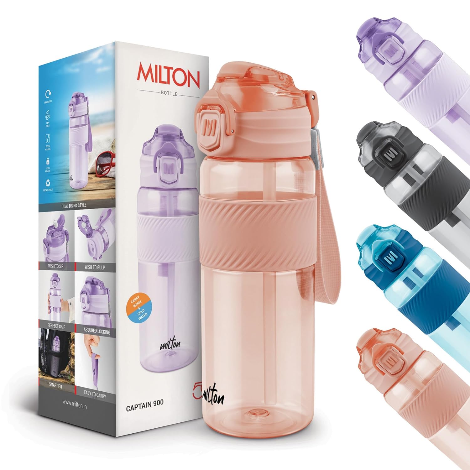 MILTON Captain Unbreakable Plastic Water Bottle 850 ml–Sip Plus Gulp,BPA-Free & Leak-Proof with Hand Strap,Ideal for Gym Workouts, Outdoor Adventures, School & Office – Durable & Convenient