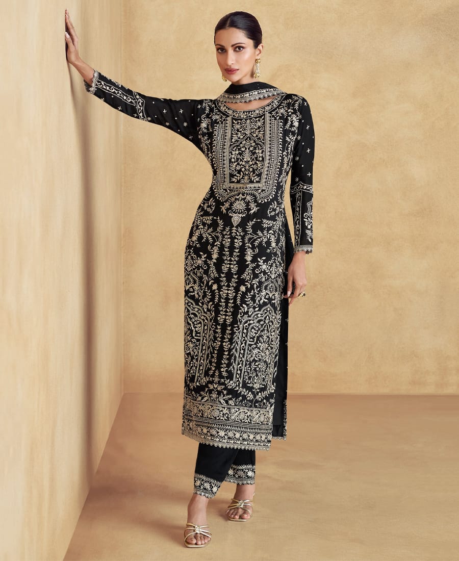 Designer Black Pakistani Suit for Women in Chinon Fabric