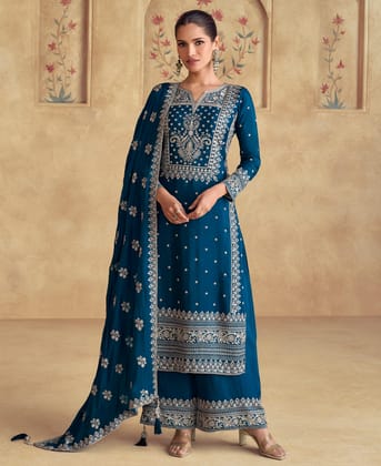 Designer Blue Pakistani Suit for Women in Chinon Fabric