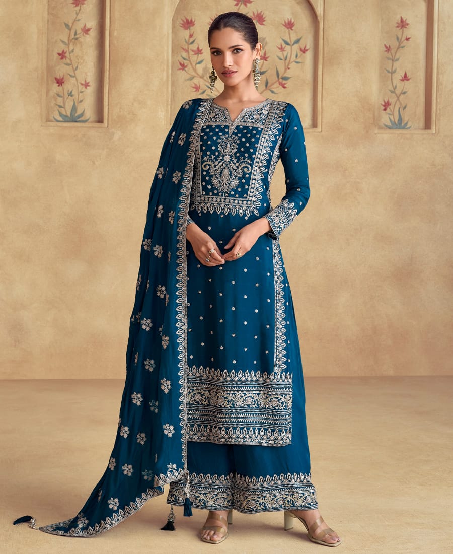 Designer Blue Pakistani Suit for Women in Chinon Fabric