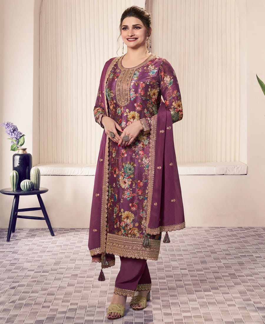 Floral Printed Magenta Long Suit for Women (Chinon Fabric)