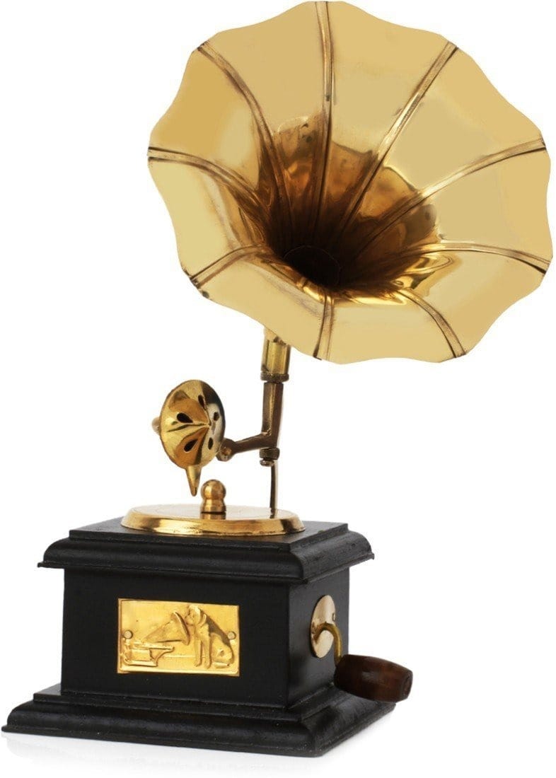 Vintage Brass & Wood Miniature Gramophone Showpiece - Decorative Home Accent