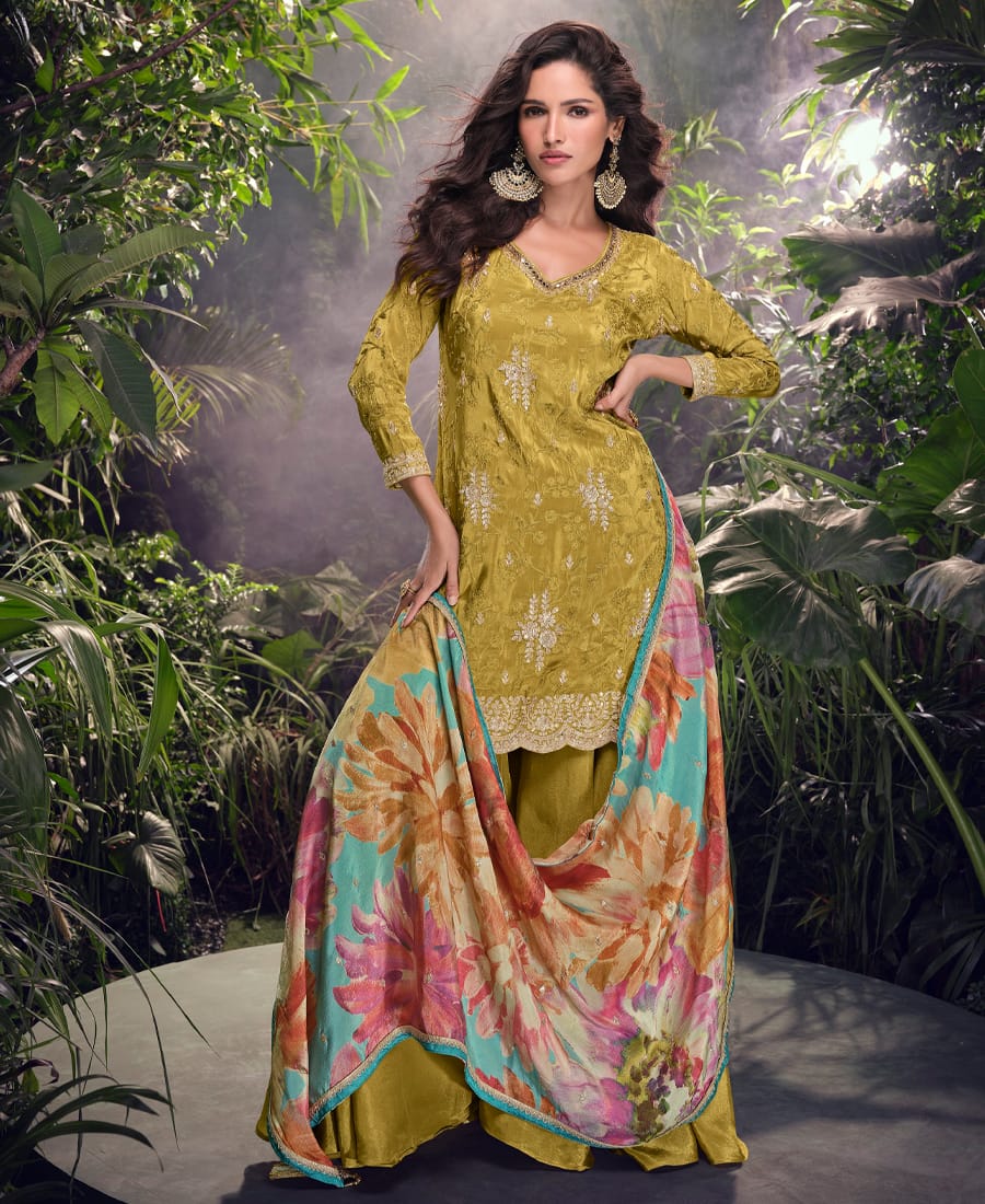 Special Party Wear Simar Silk Mustard Gharara Suit Set for Women