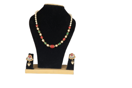 NLR RURAL Elegant Gold Plated Pearl Beaded Necklace & Earrings Set with Red and Green Accents