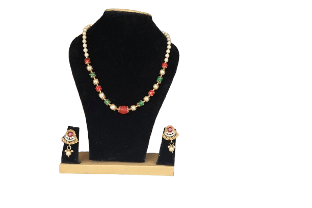 NLR RURAL Elegant Gold Plated Pearl Beaded Necklace & Earrings Set with Red and Green Accents