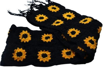 Handcrafted Black & Yellow Crocheted Wool Scarf with Sunflower Motifs