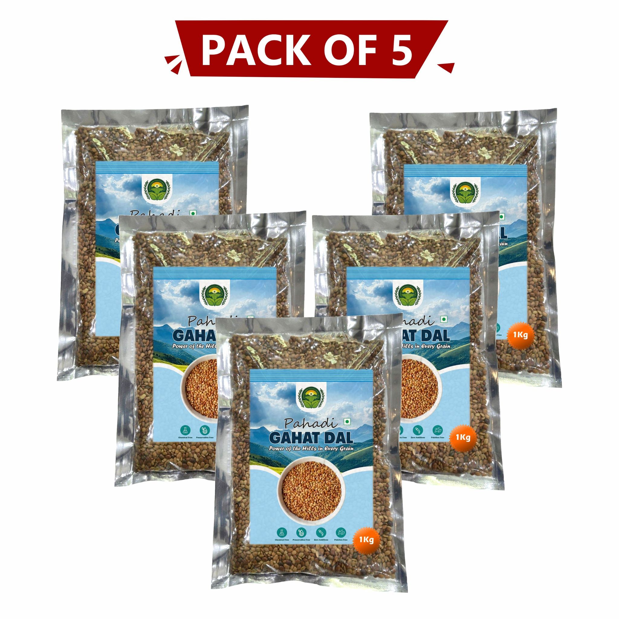 Pahadi Gahat Dal 1 kg Pack of 5 by Kasaedevi Farmer Producer - Power of the Hills in Every Grain
