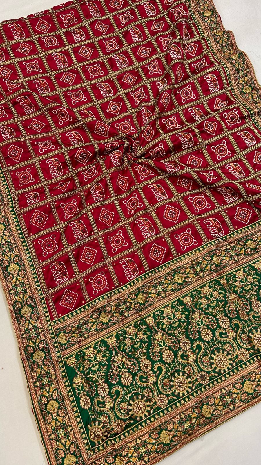 Red Silk Saree with Green Embroidered Border