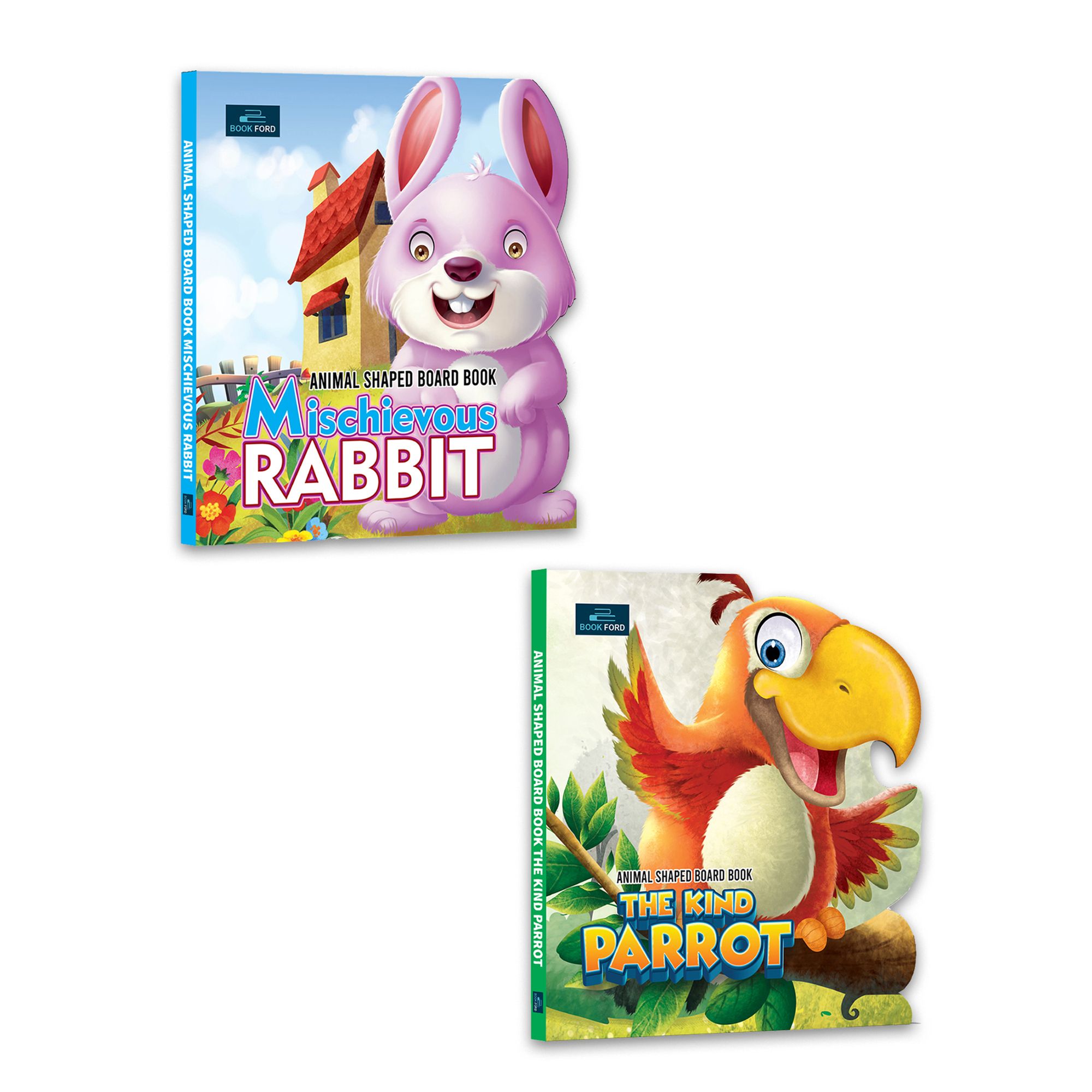 Animal Shaped Story Board Book - The Kind Parrot, Mischievous Rabbit - Set Of 2 Story Books For Kids Hardcover