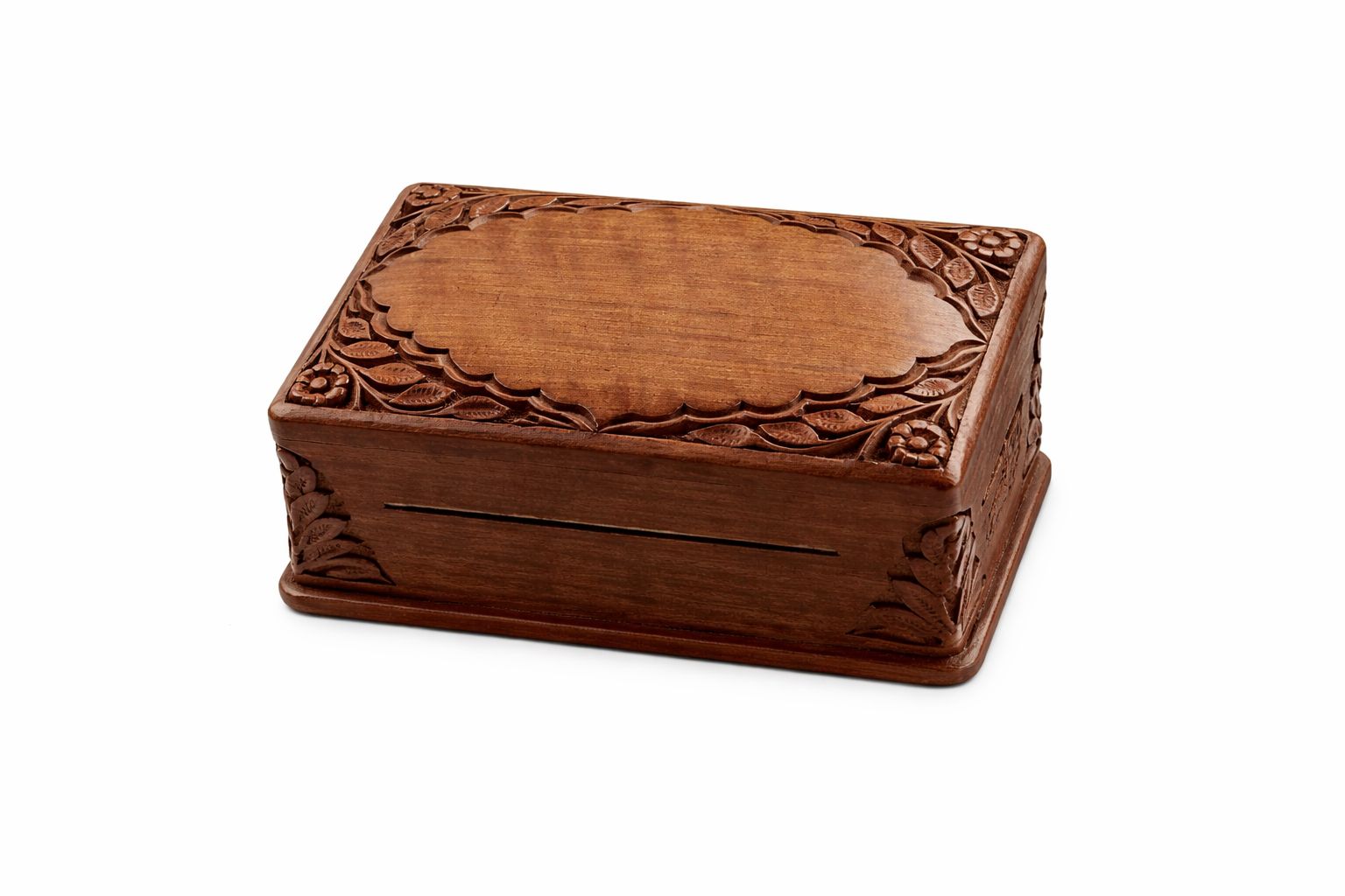 Hand-Carved Wooden Keepsake Box with Floral Design