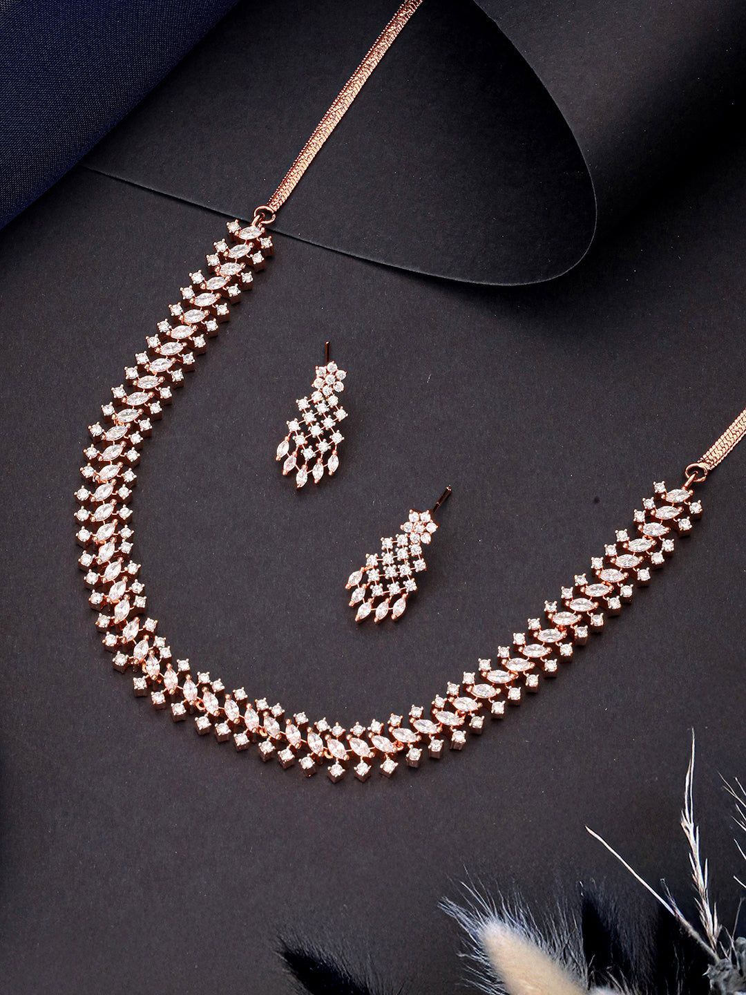 Rose Gold Plated Cubic Zircon Studded Statement Choker Necklace Jewellery Set