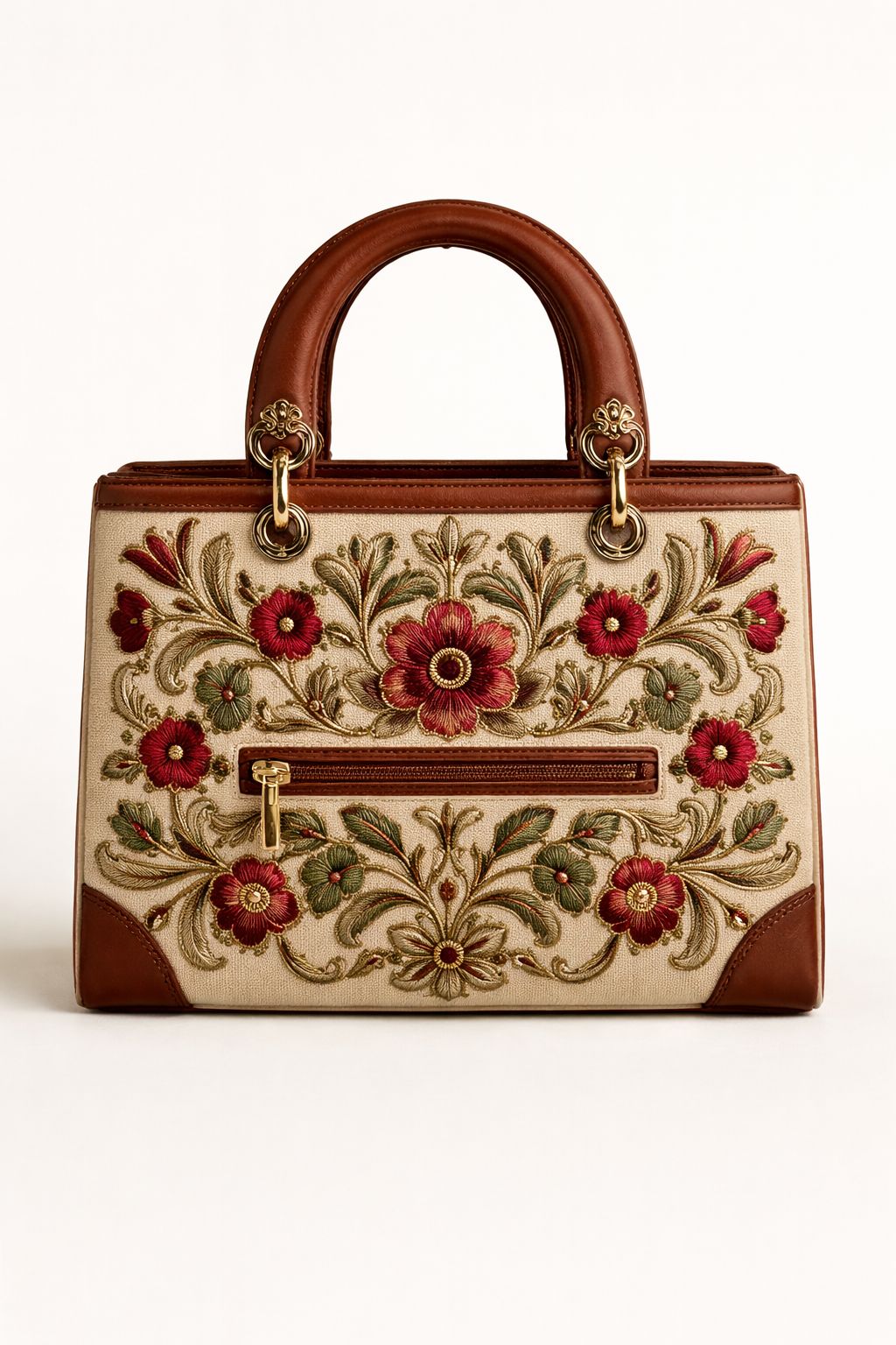Elegant Embroidered Floral Handbag with Leather Handles