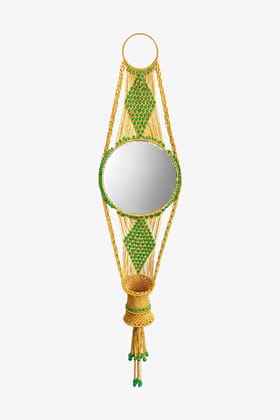 Handcrafted Macrame Wall Hanging Mirror with Gold and Green Bead Accents Handcrafted Macrame Wall Hanging Mirror with Gold and Green Bead Accents