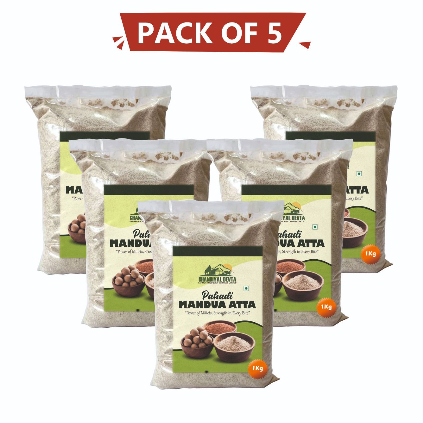 Ragi Flour (Mandua Atta) 1 kg Pack of 5 by Ghandiyal Devta Farmer Producer Company Limited