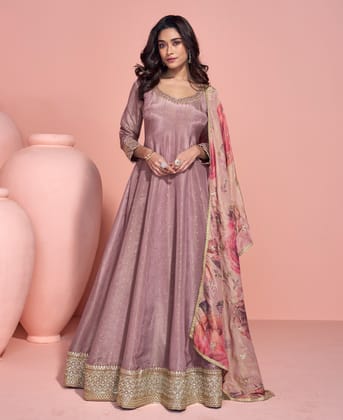 Party Wear Pink Banarasi Silk Anarkali Suit for Women