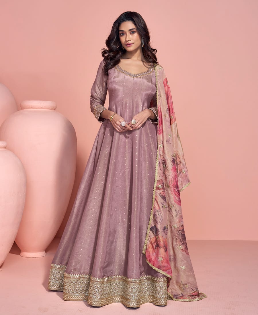 Party Wear Pink Banarasi Silk Anarkali Suit for Women