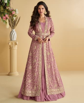 Beautiful Pink Wedding Wear Indo-Western Style Shrug Anarkali Set for Women
