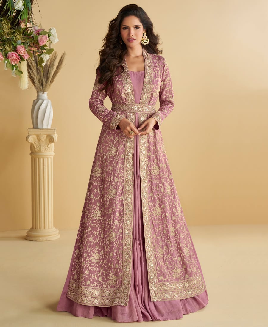 Beautiful Pink Wedding Wear Indo-Western Style Shrug Anarkali Set for Women