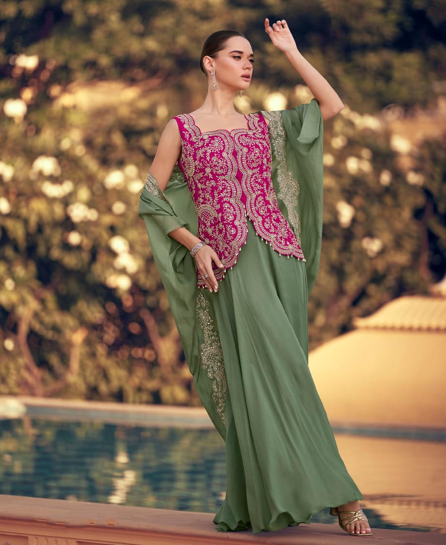 Elegant Pista Green Crop Top Suit Set for Women (Wedding Wear)