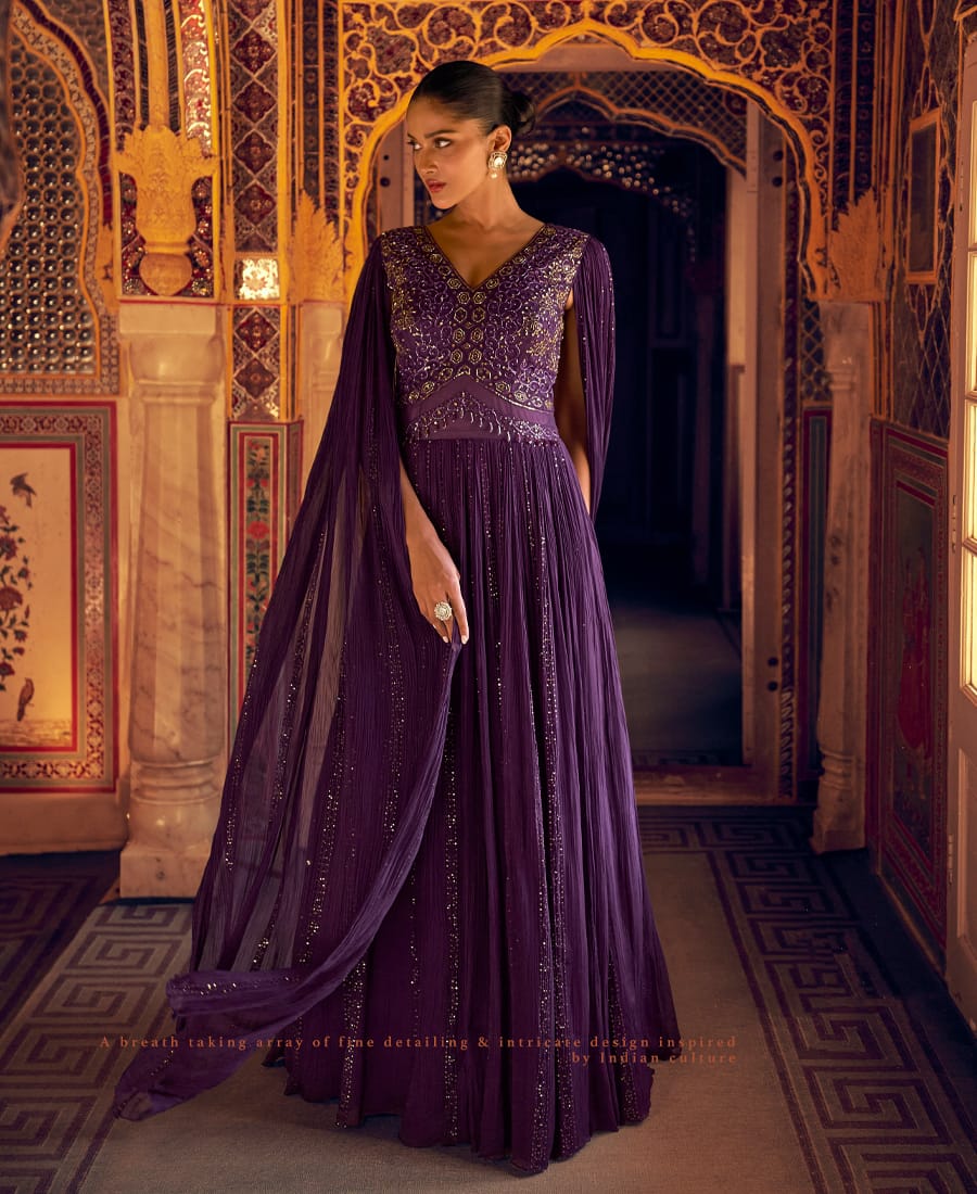 New Cocktail Wear Purple Georgette Embroidered Anarkali Gown for Women