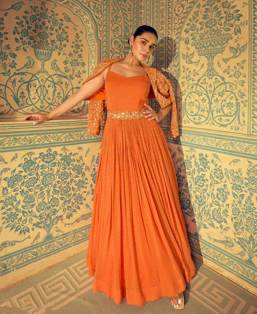 Orange Banarasi Silk Anarkali for Women (Wedding Wear)