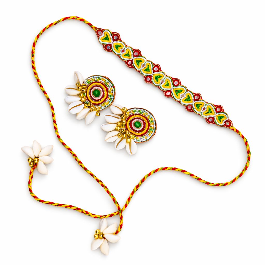 Handmade Multi-Color Beaded Rakhi with Cowrie Shell Earrings Set