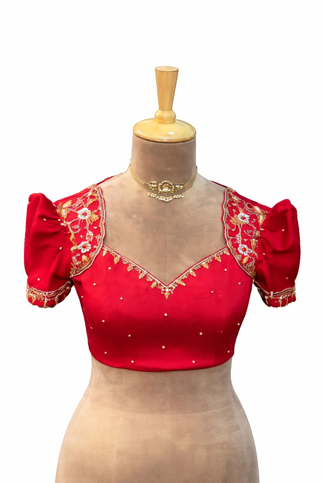 Red Embroidered Silk Puffed Sleeve Blouse