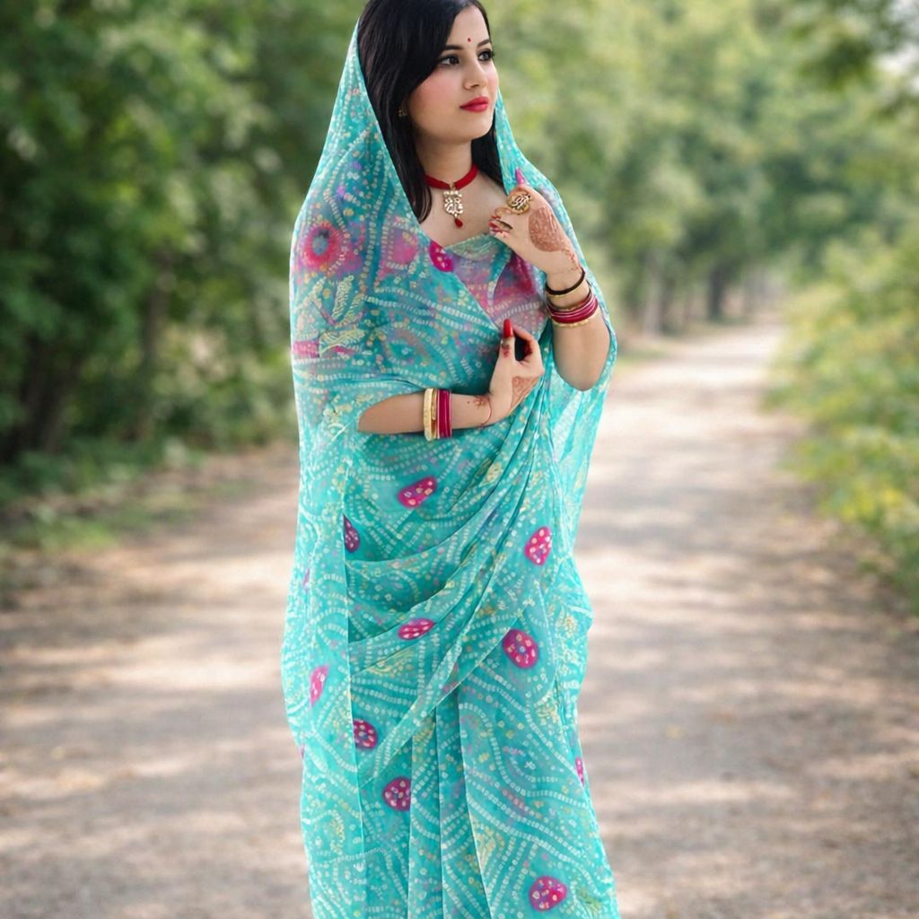 Sky Blue Bandhani Print Chiffon Saree