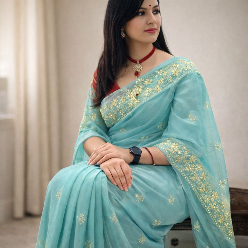 Light Blue Chiffon Saree with Gold Floral Embroidery