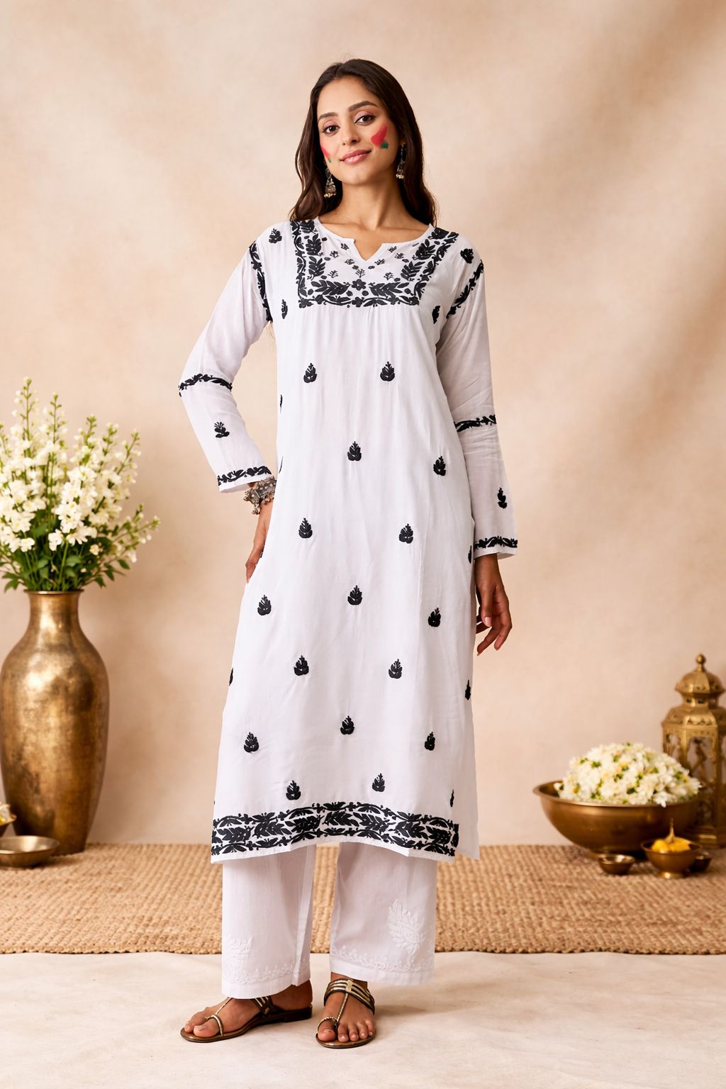 Women's White Embroidered Cotton Kurta with Palazzos