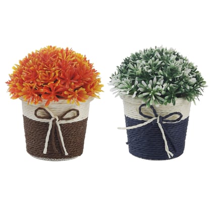 Foliyaj Combo of 2 Artificial Plants with Orange and White Leaves|Bonsai Tree|Artificial Flower|with Pot|Home D�cor for Living Room Home Office Shop|House|Gift|Decoration
