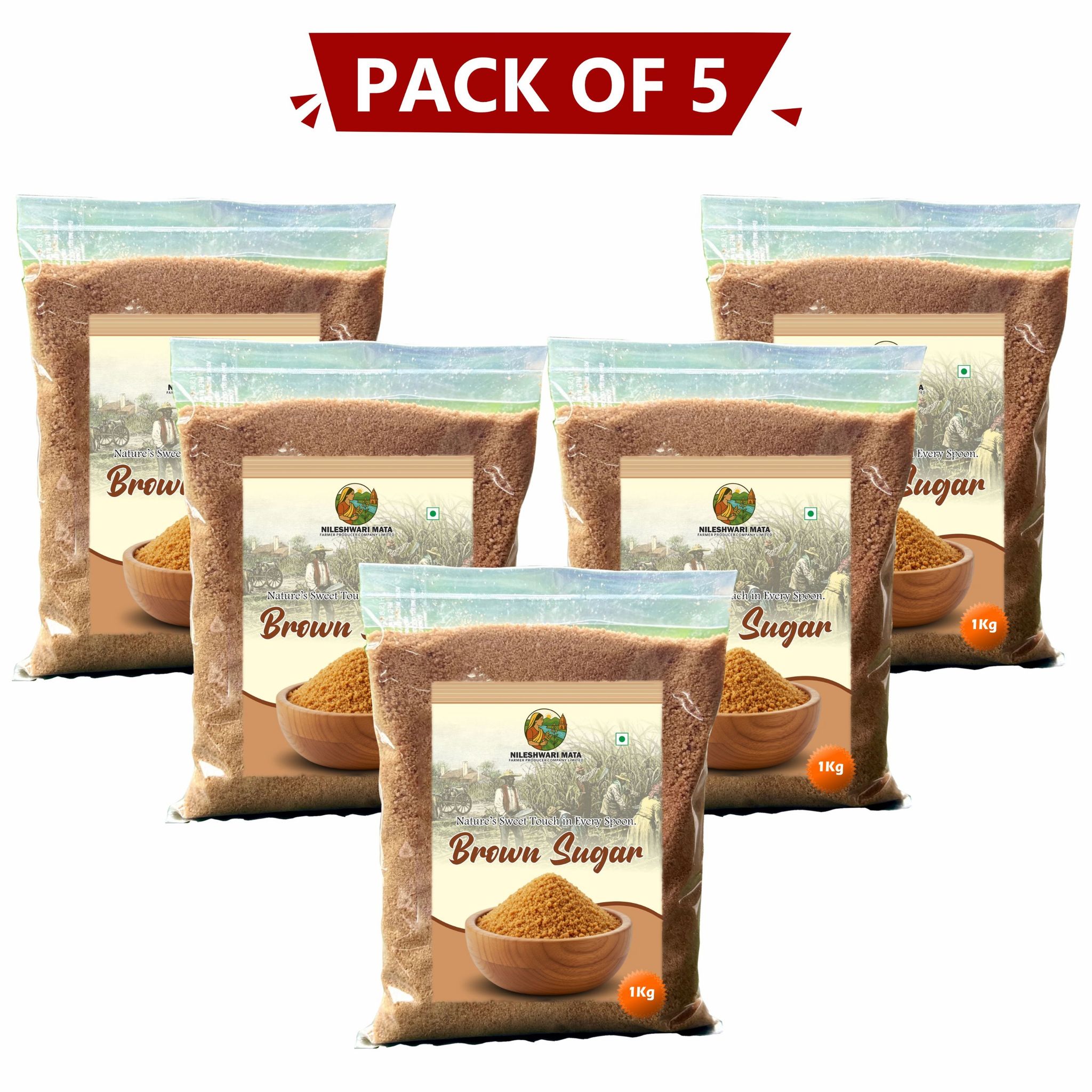 Brown Sugar 1 Kg Pack of 5 By Nileshwari Mata Farmer Producer Company – Unrefined & Natural Sweetener