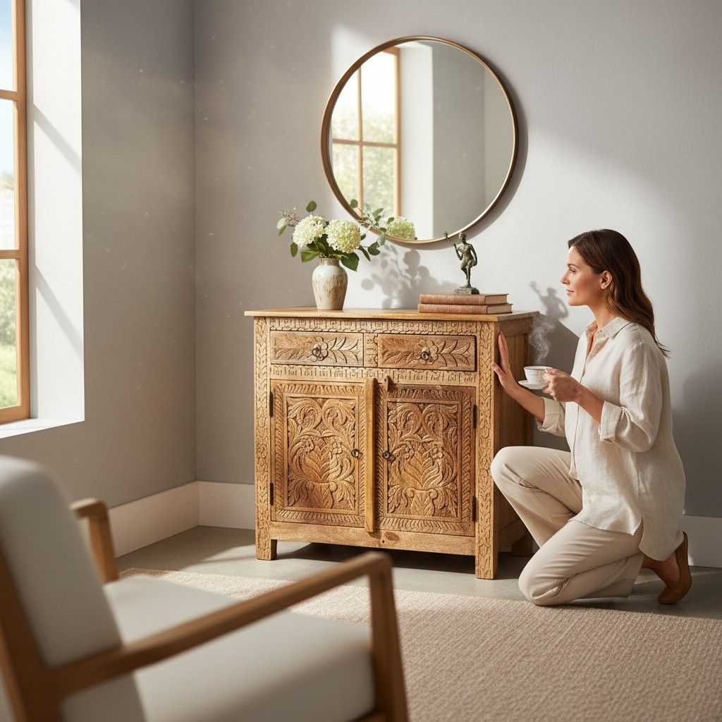 Hand-Carved Wooden Cabinet with Drawers and Doors