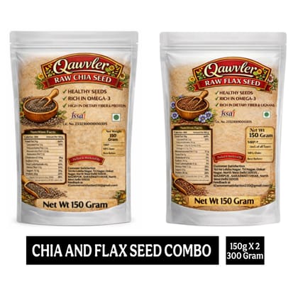 Qawvler Raw Chia Seed and Flax Seed Combo Pack 300 Gram (150 Gram Each) Rich in Omega-3, High in Dietary Fibre and Protein