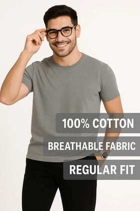  Men's 100% Pure Cotton Solid Grey T-Shirt | Round Neck | Regular Fit | Summer Casual Wear